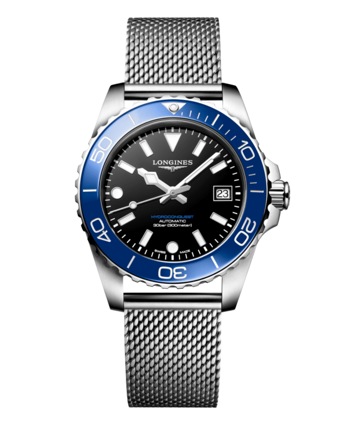 Longines Hydroconquest 42mm L3.788.4.90.6 acero, esfera negra, bisel cerámico azul brazalete milanesa