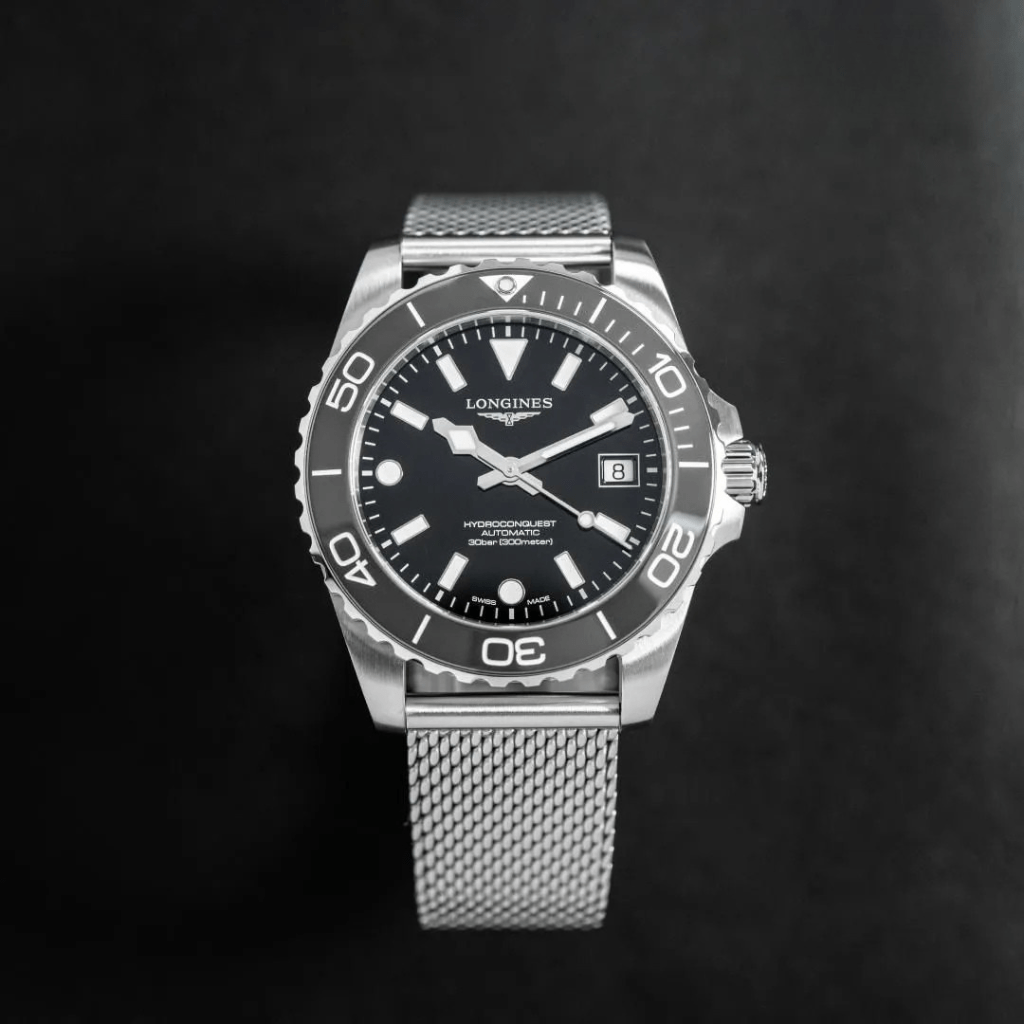Longines Hydroconquest 42mm L3.788.4.70.6 acero, esfera negra, bisel cerámico negro brazalete milanesa