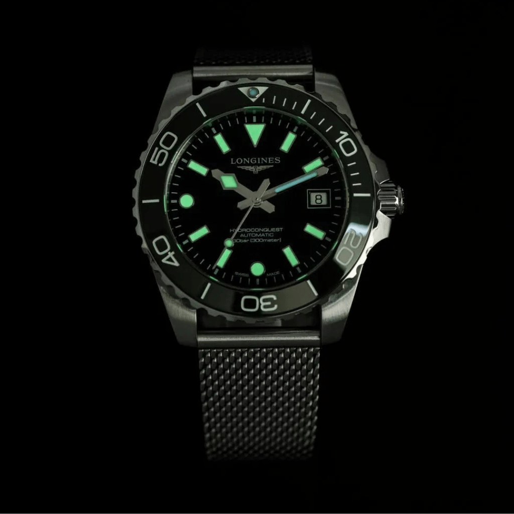 Longines Hydroconquest 42mm L3.788.4.70.6 acero, esfera negra, bisel cerámico negro brazalete milanesa