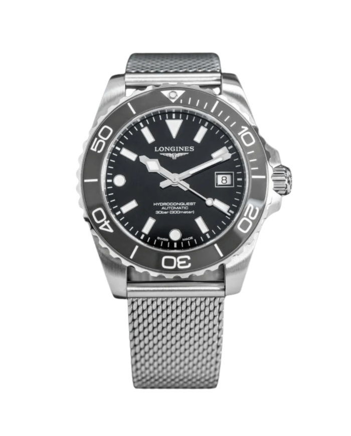 Longines Hydroconquest 42mm L3.788.4.70.6 acero, esfera negra, bisel cerámico negro brazalete milanesa